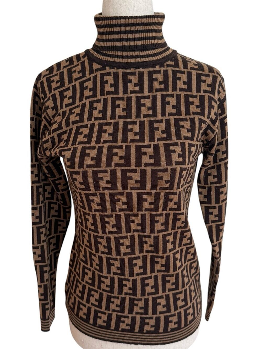 Vintage Fendi Brown & Black Zucca FF Monogram Logo Turtleneck Sweater S/M